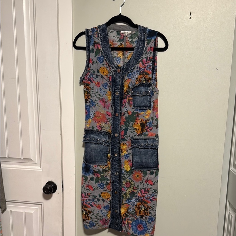 Adore Unique Floral Patterned Denim combo dress - Small
